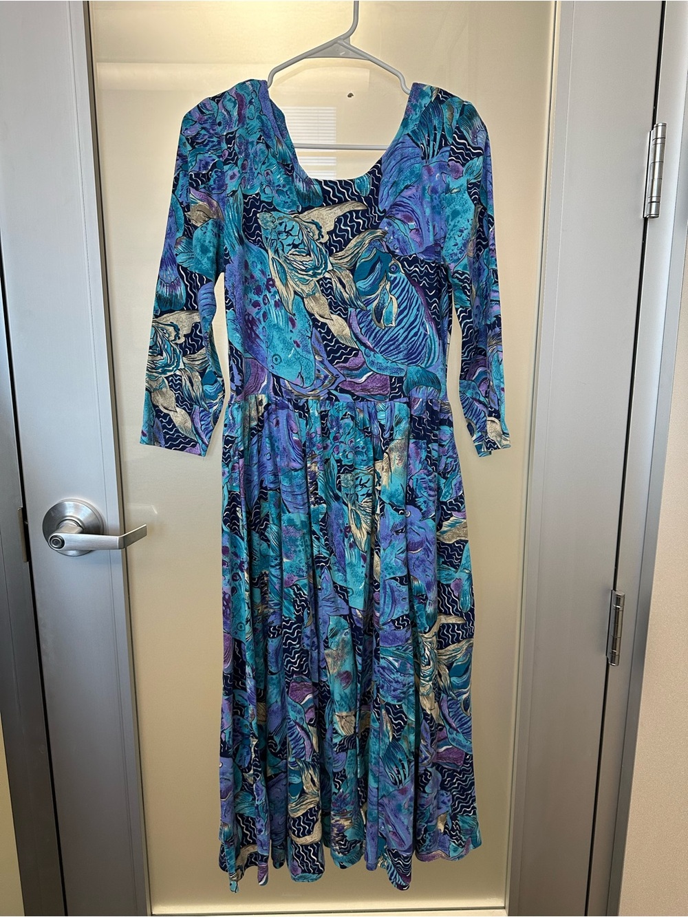 vintage 1980s Lanz Originals fish print midi blue purple dress size large - Picture 4 of 12